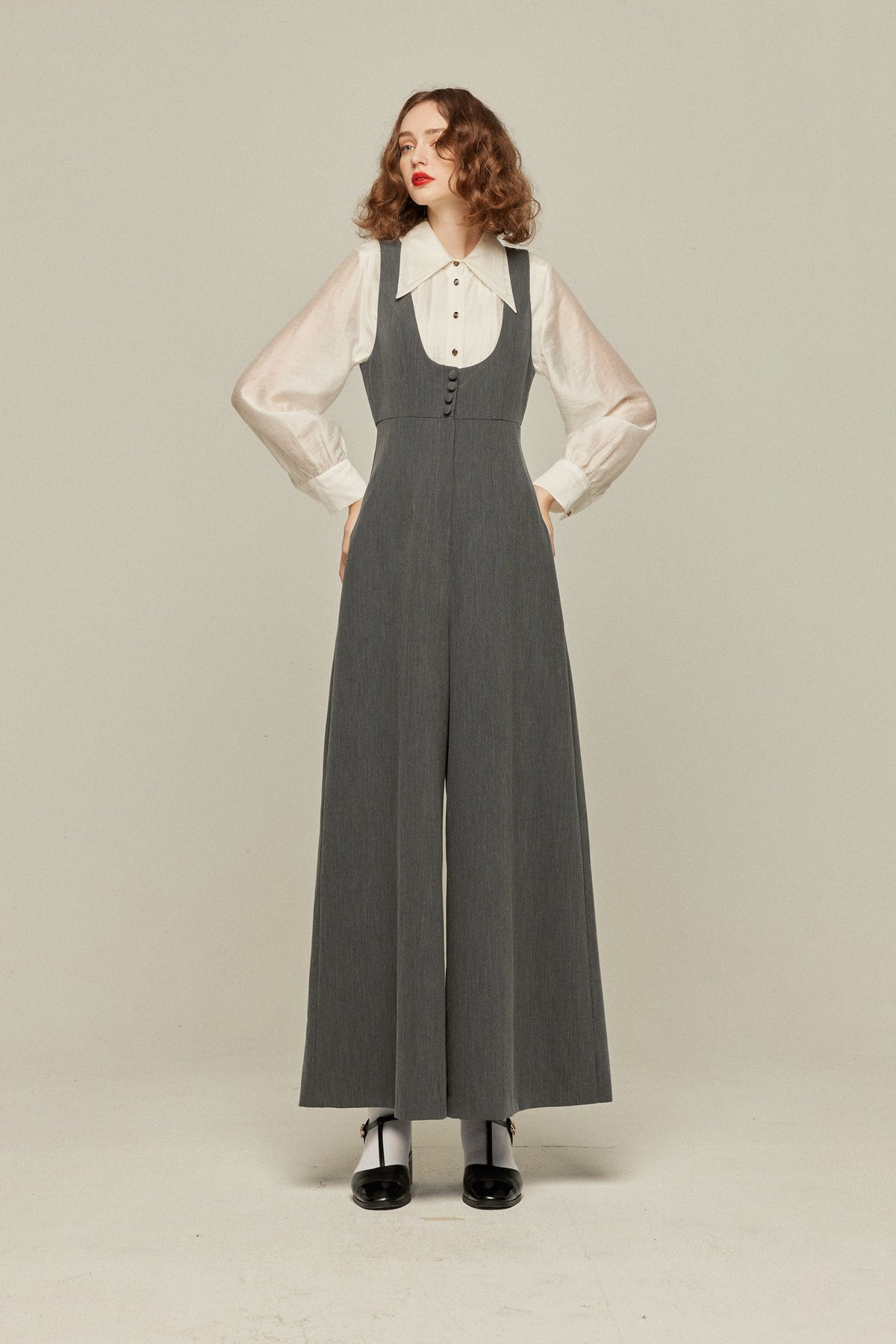 《Lucky Charm Hidden Under the Pillow》 High Waist Design Back Cross Overalls-Gray