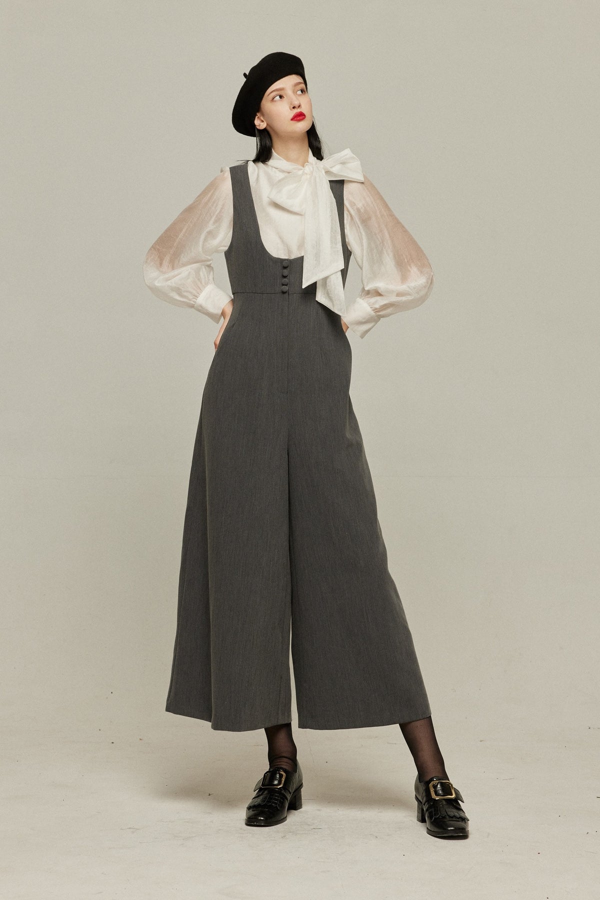 《Lucky Charm Hidden Under the Pillow》 High Waist Design Back Cross Overalls-Gray