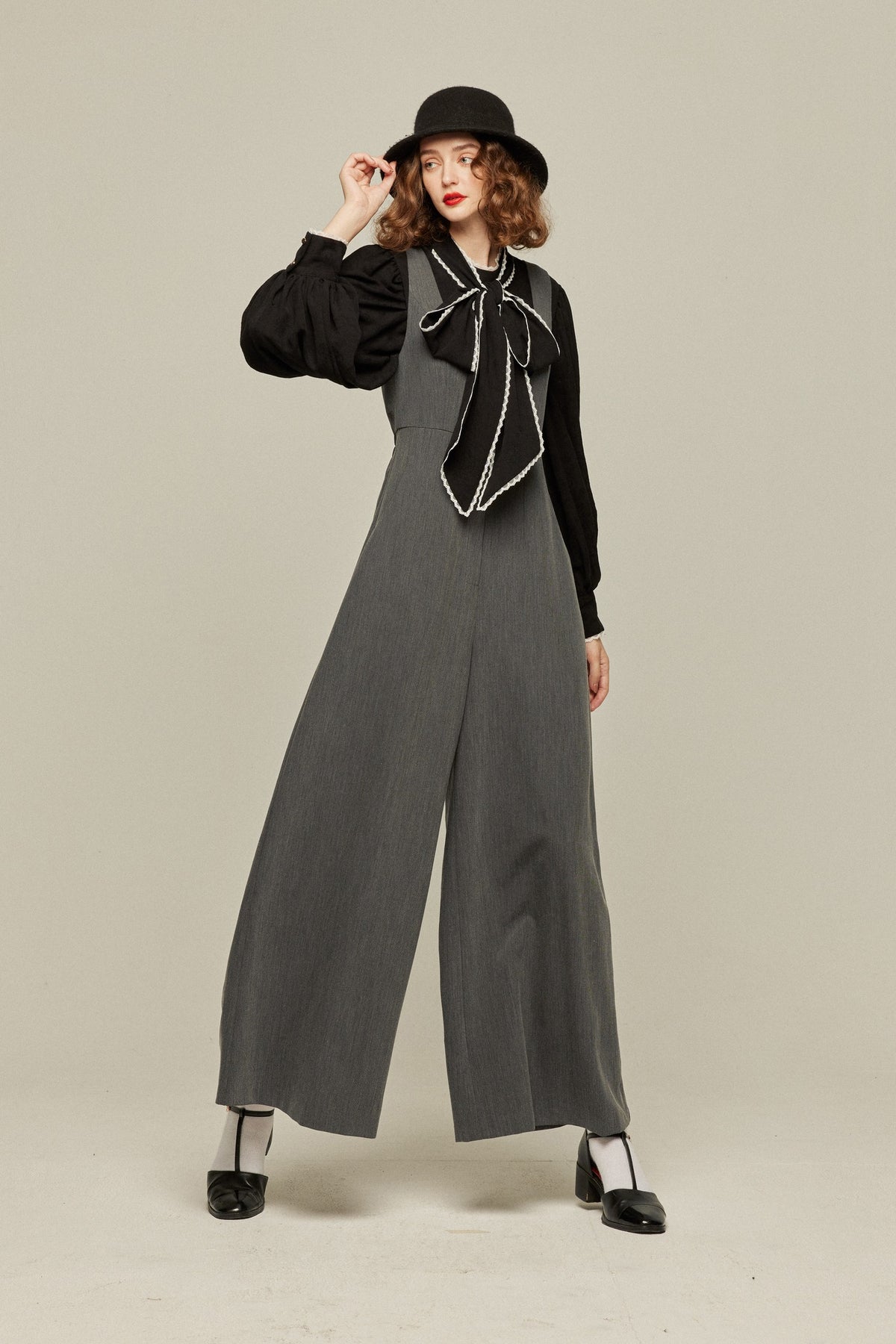 《Lucky Charm Hidden Under the Pillow》 High Waist Design Back Cross Overalls-Gray