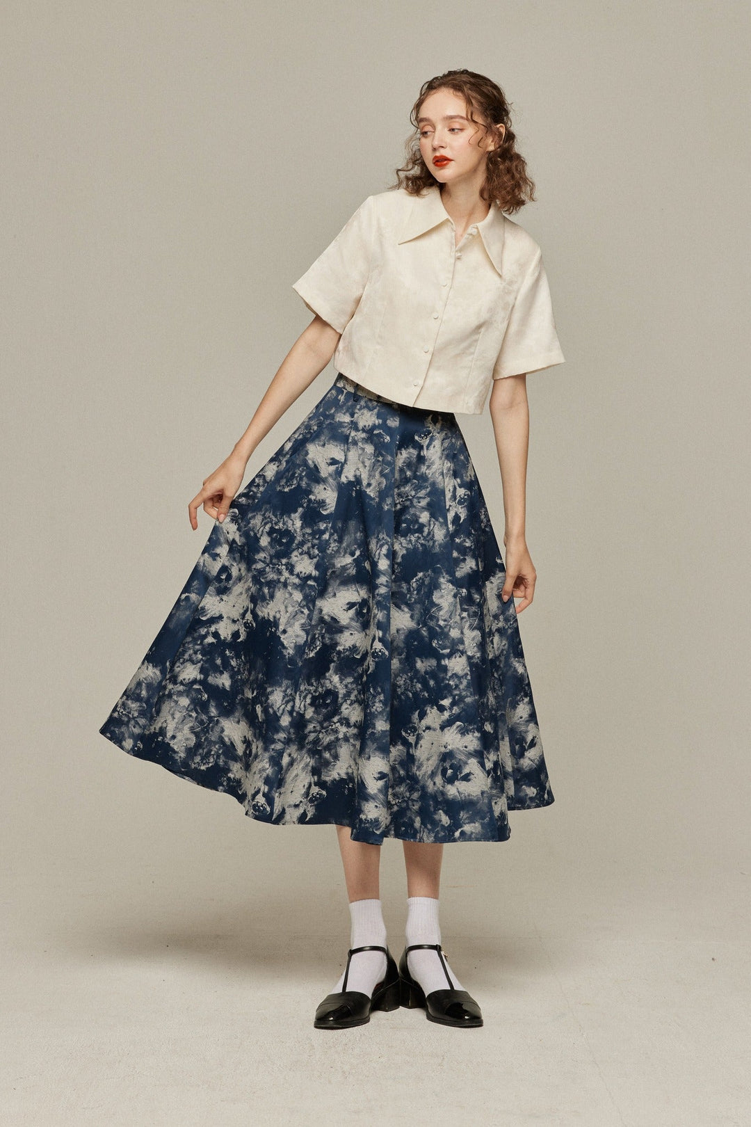 《まずは目隠しをしよう》シノワズリジャガードハイウエストスカート-Navy