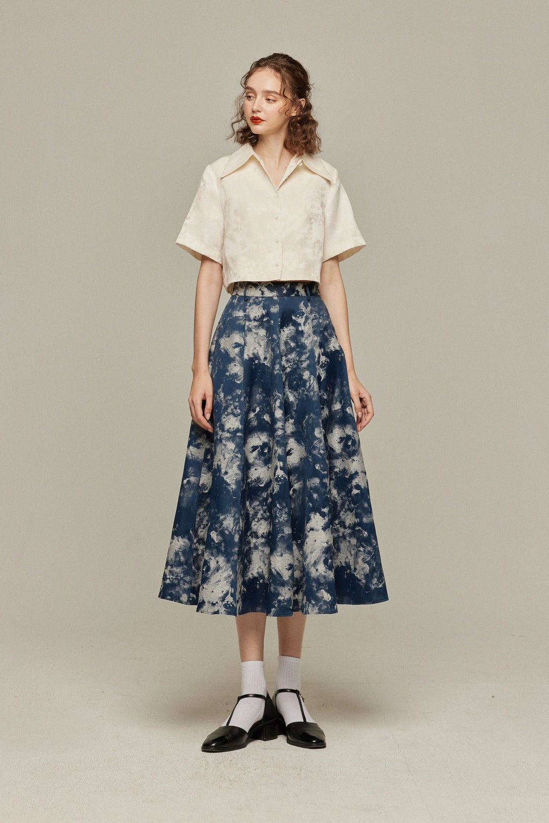 《まずは目隠しをしよう》シノワズリジャガードハイウエストスカート-Navy