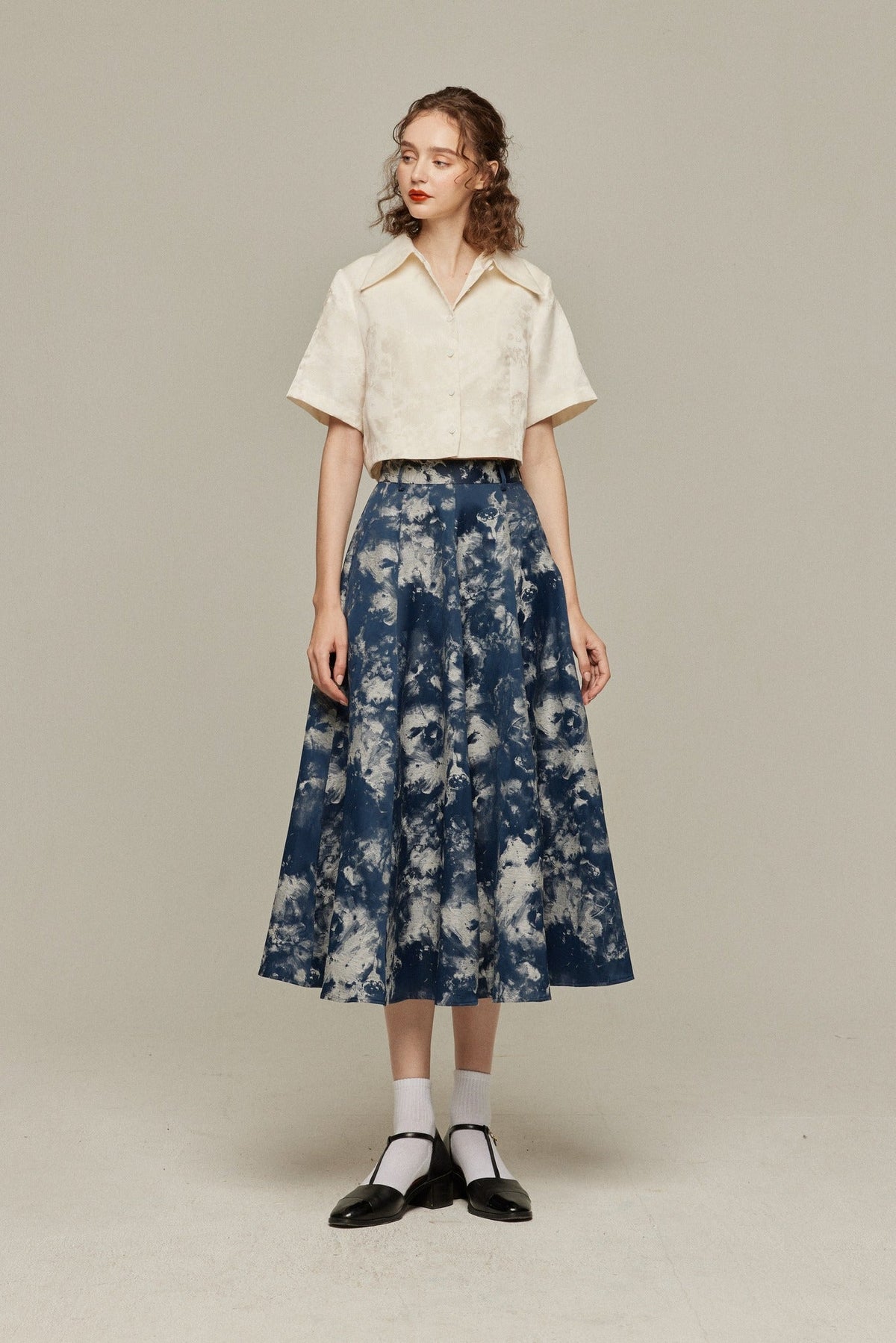《まずは目隠しをしよう》シノワズリジャガードハイウエストスカート-Navy