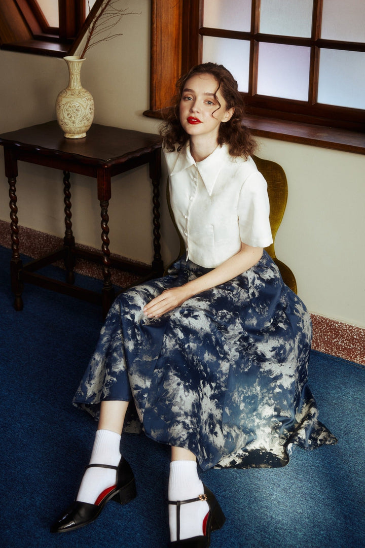 《まずは目隠しをしよう》シノワズリジャガードハイウエストスカート-Navy