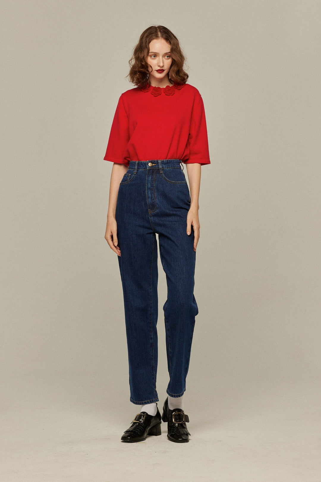 《隕石が落ちてくる》ハイウエストストレートデニムパンツ-Navy