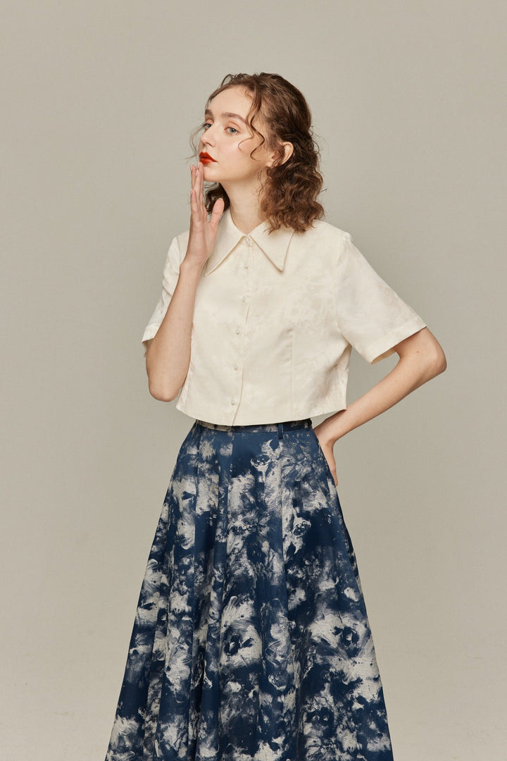 《まずは目隠しをしよう》シノワズリジャガードハイウエストスカート-Navy