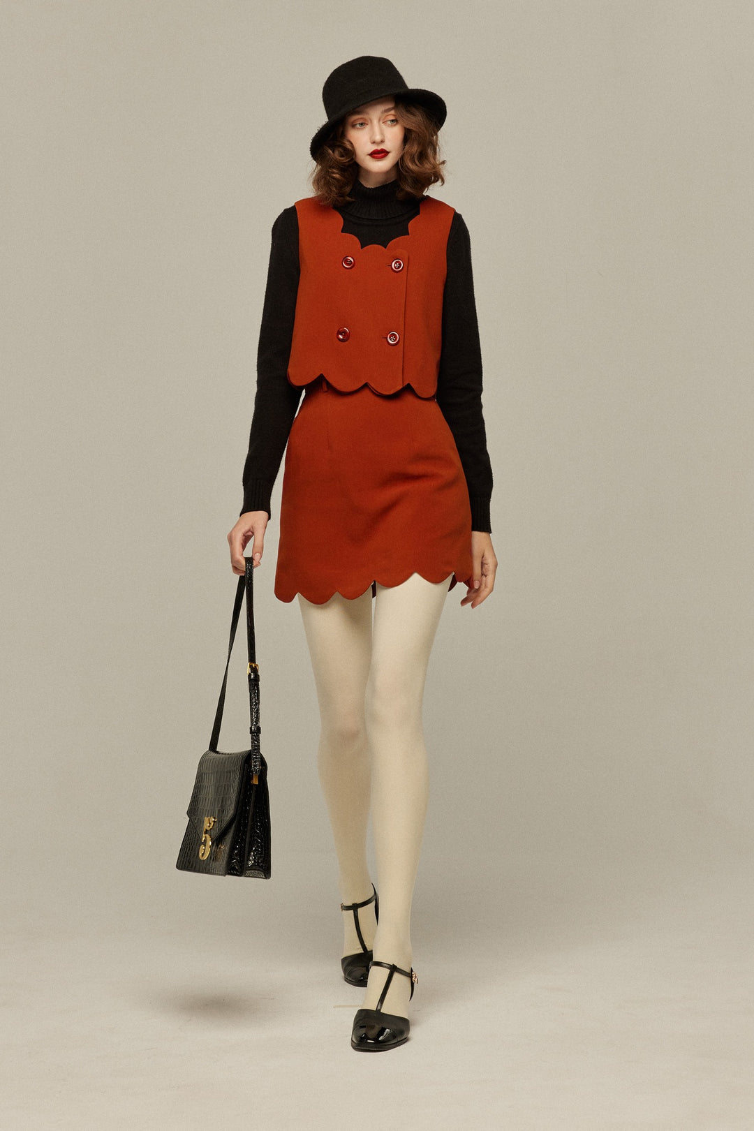 [I got freckles] Scallop design double-breasted vest-Orange red