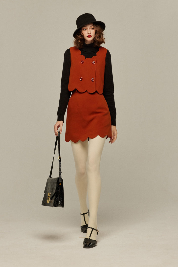 [I got freckles] Scallop design double-breasted vest-Orange red