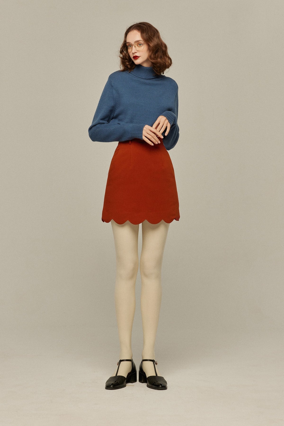 《I got freckles》 Scallop design short skirt-Orange red