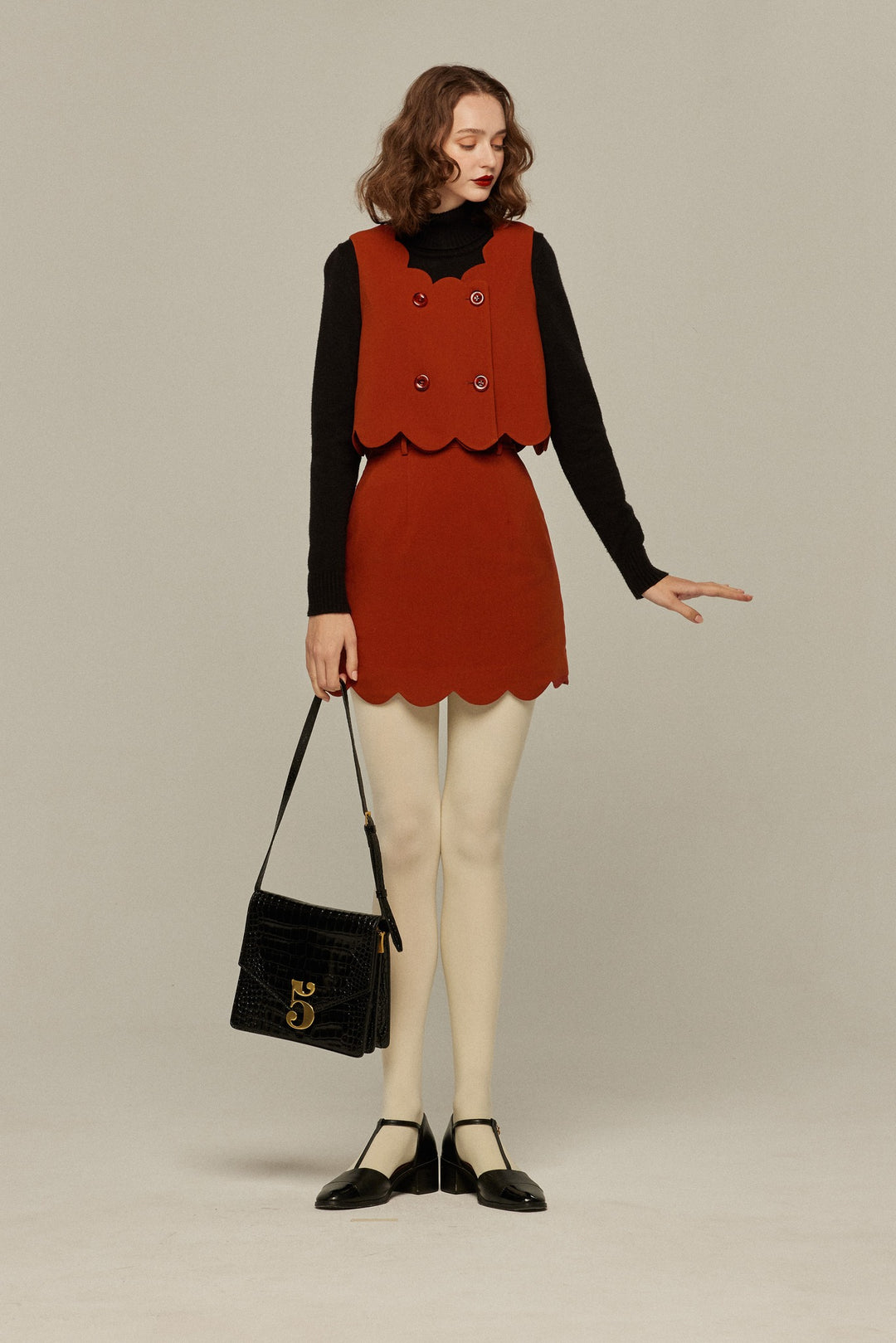 《そばかすができた》スカラップデザインショートスカート-Orange red