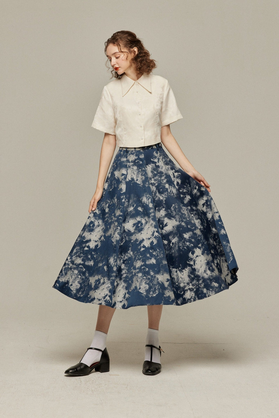 《まずは目隠しをしよう》シノワズリジャガードハイウエストスカート-Navy