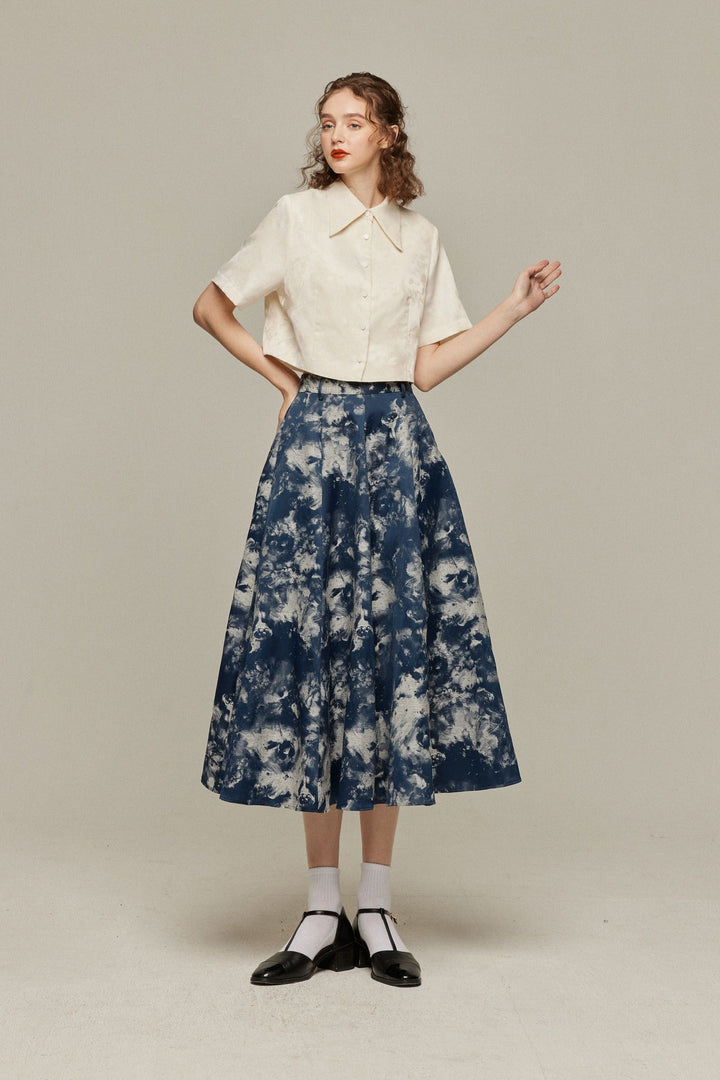 《まずは目隠しをしよう》シノワズリジャガードハイウエストスカート-Navy