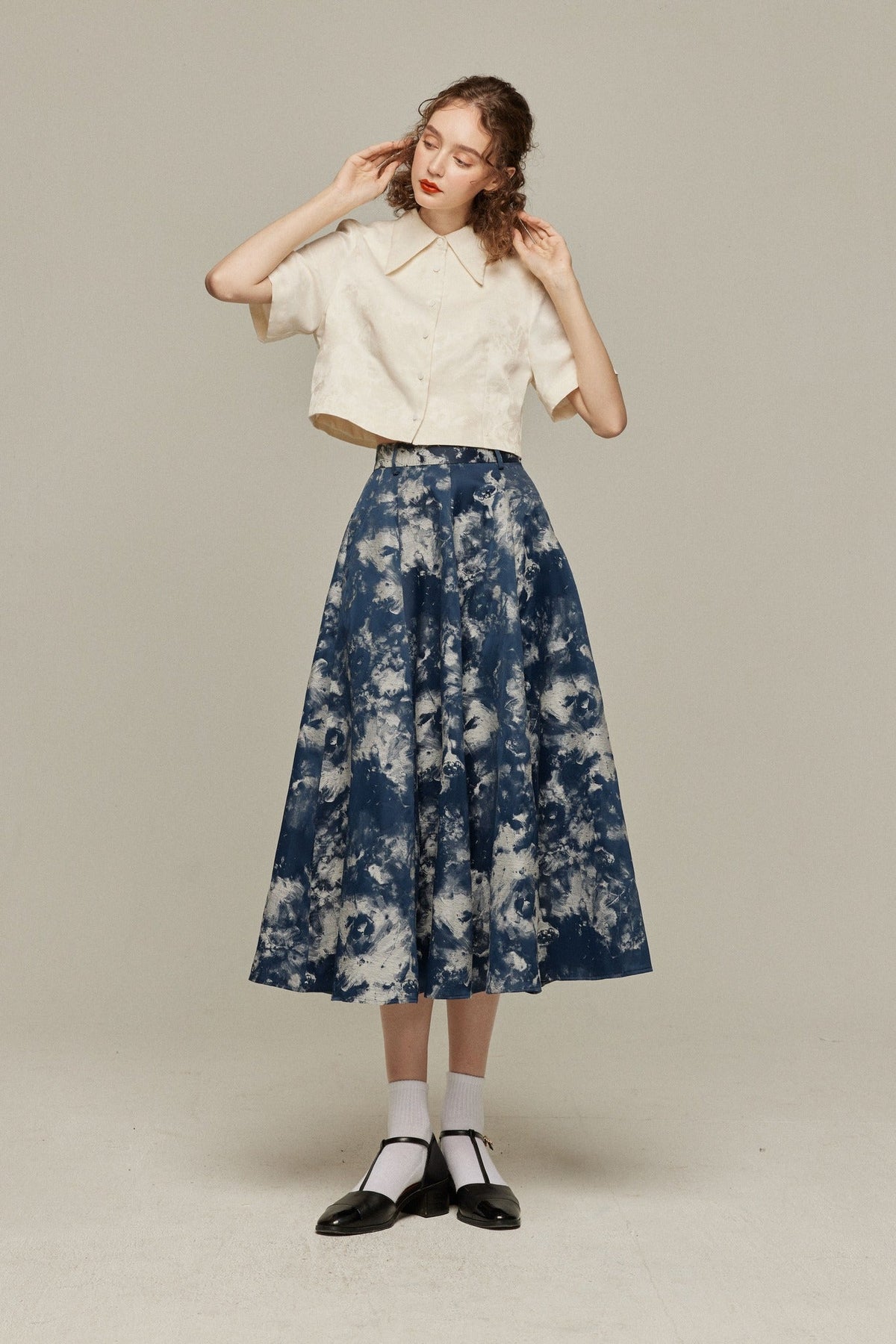 《まずは目隠しをしよう》シノワズリジャガードハイウエストスカート-Navy