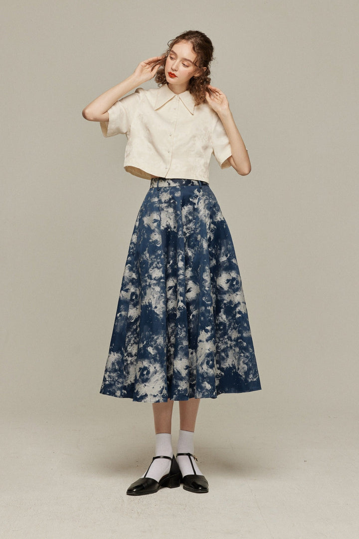 《まずは目隠しをしよう》シノワズリジャガードハイウエストスカート-Navy