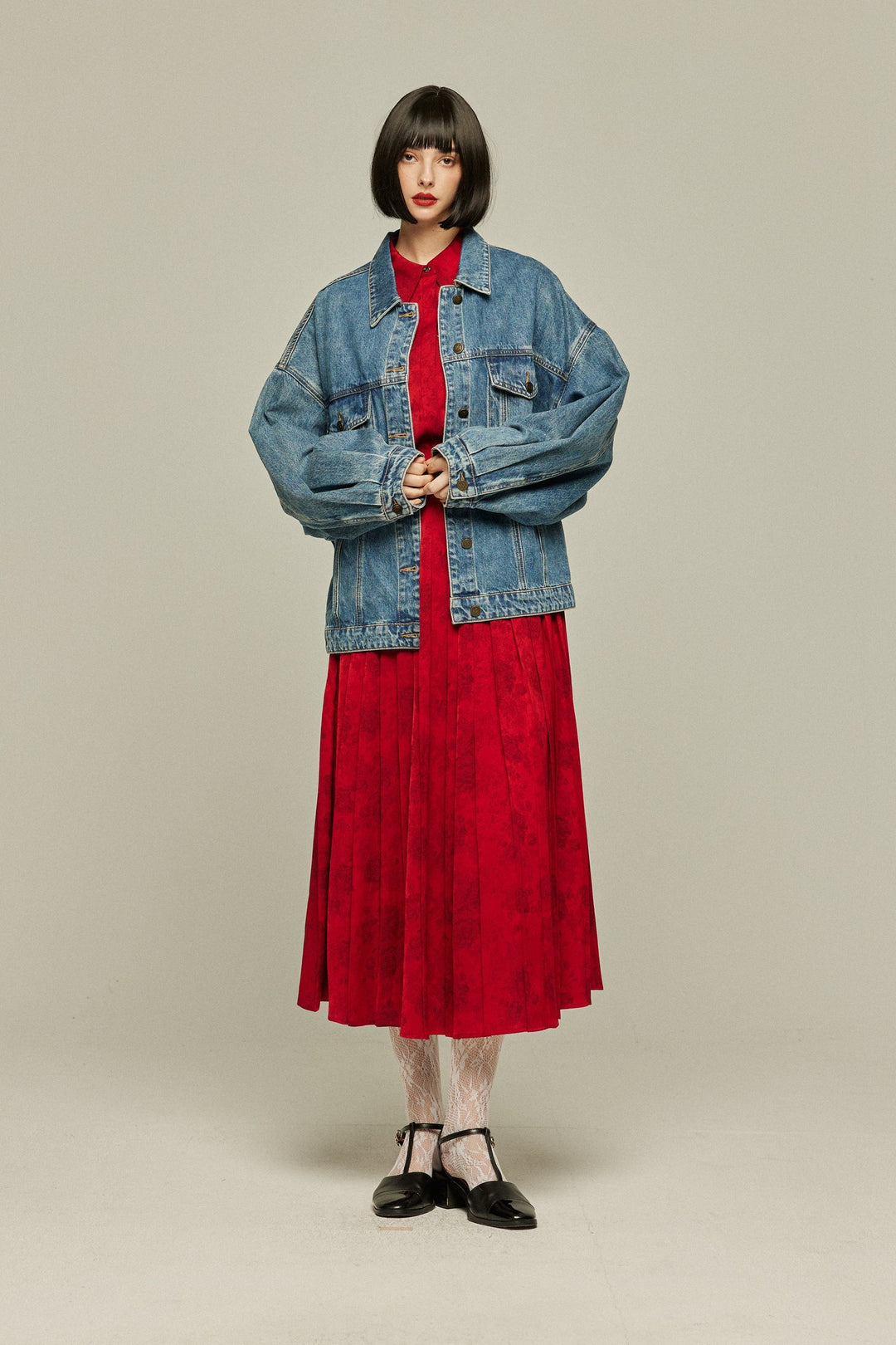 《ステージに花束を投げて》シノワズリハイウエストプリーツスカート-Red