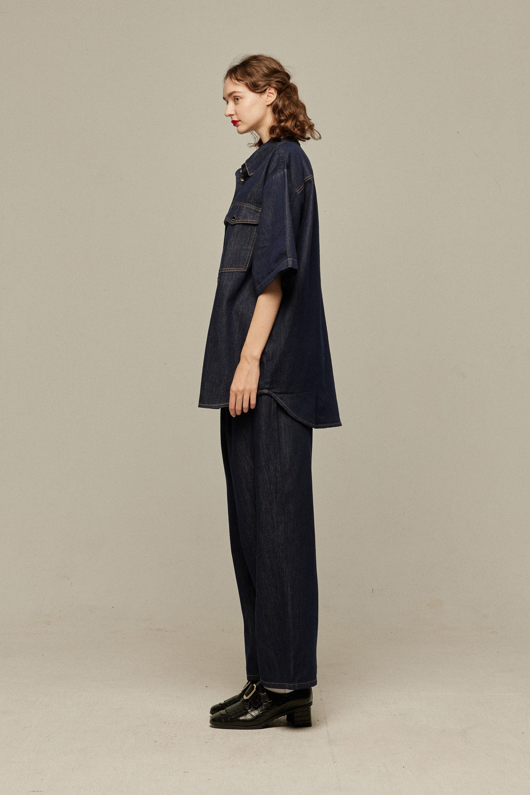 今日は日曜日だから》ハイウエストストレートデニムパンツ-Navy