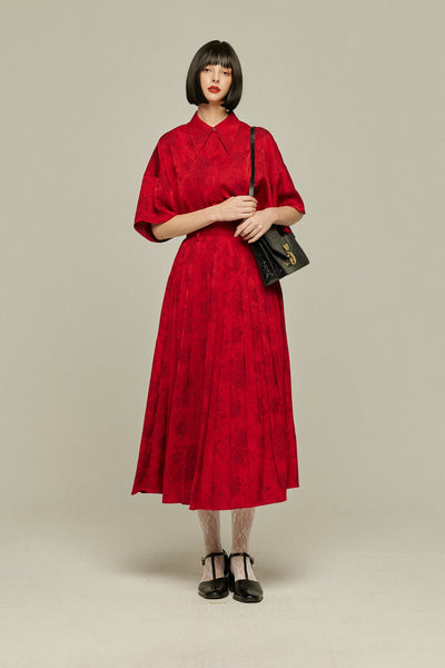 《ステージに花束を投げて》シノワズリハイウエストプリーツスカート-Red