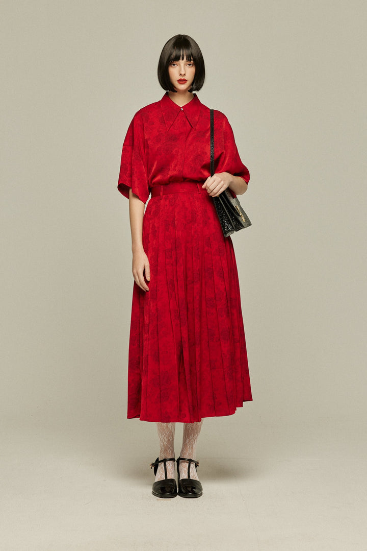 《ステージに花束を投げて》シノワズリハイウエストプリーツスカート-Red