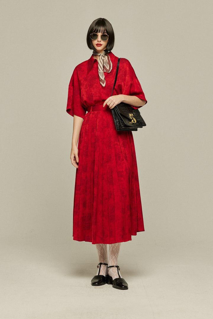 《ステージに花束を投げて》シノワズリハイウエストプリーツスカート-Red