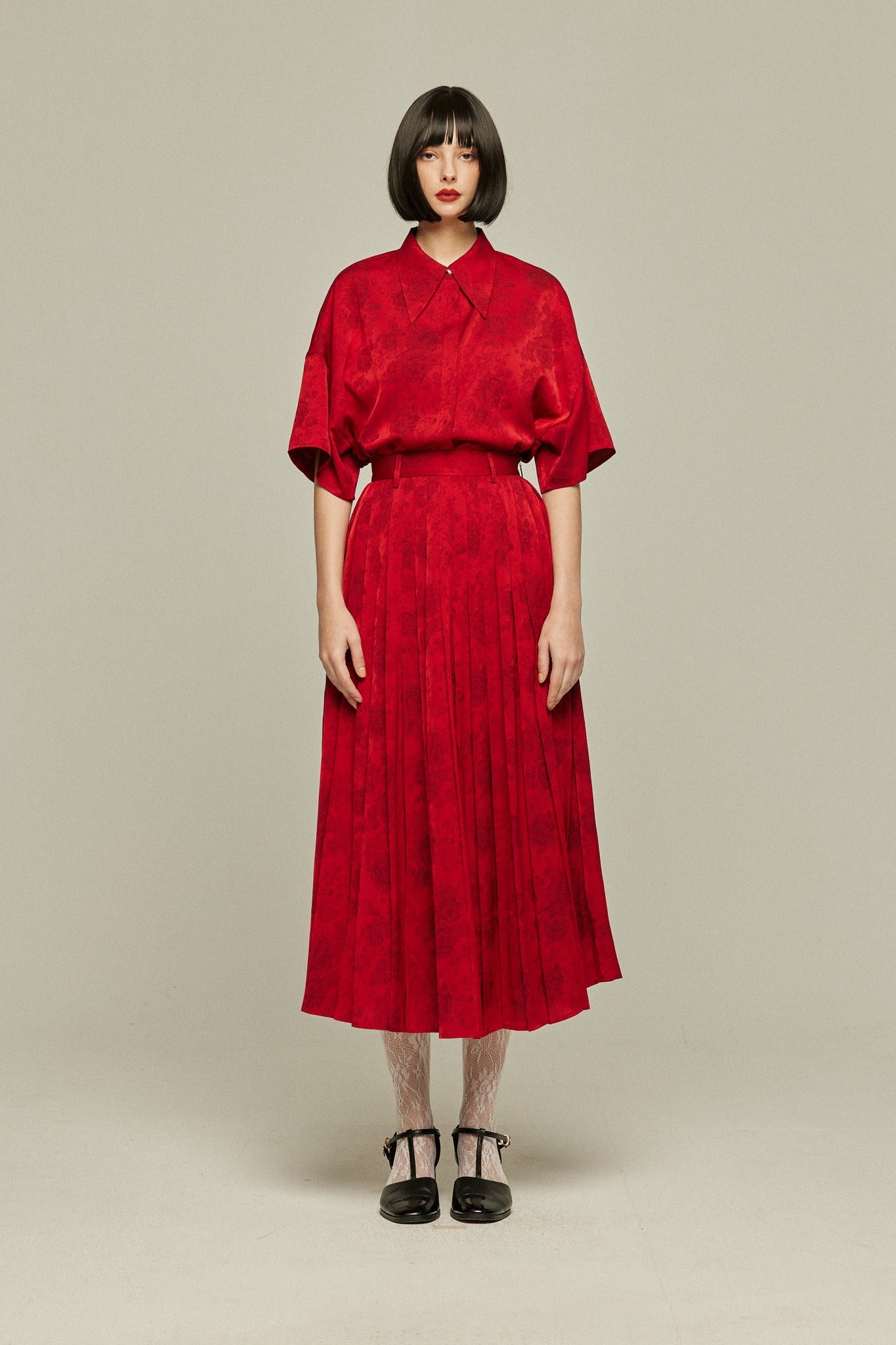 《ステージに花束を投げて》シノワズリハイウエストプリーツスカート-Red