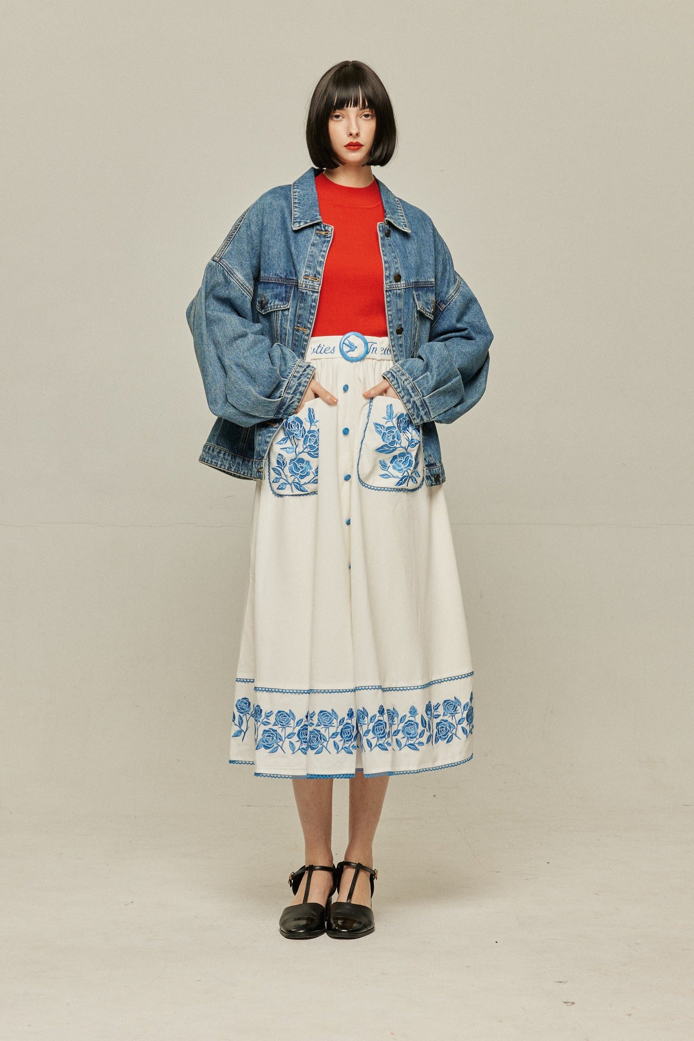This dish contains carrots》Tnewties Embroidered High Waist Skirt-Whit