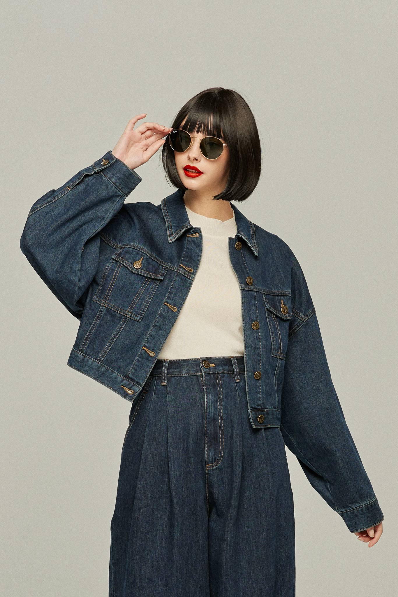 《やっと手に入れたライブチケット》ハイウエストストレートデニムパンツ-Navy