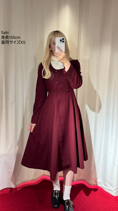 《いつもカウンターに座る彼女》ダブルブレストウールブレンドドレスコート-Wine red