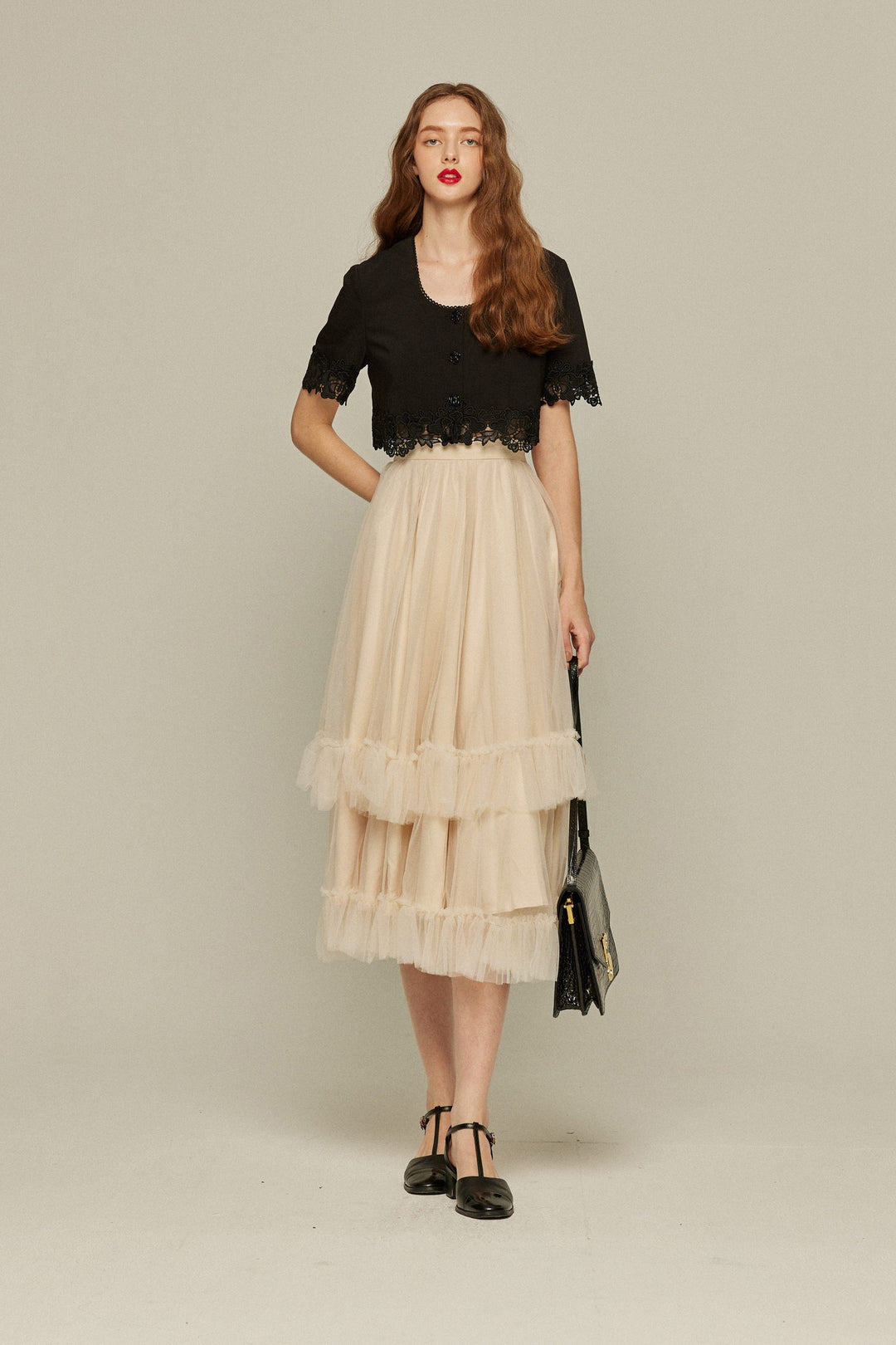 《Would you like to sing a lullaby? 》Lace trim top-Black
