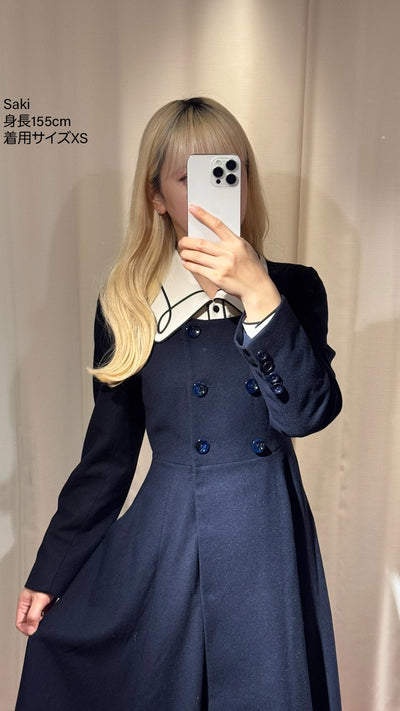 《いつもカウンターに座る彼女》ダブルブレストウールブレンドドレスコート-Navy
