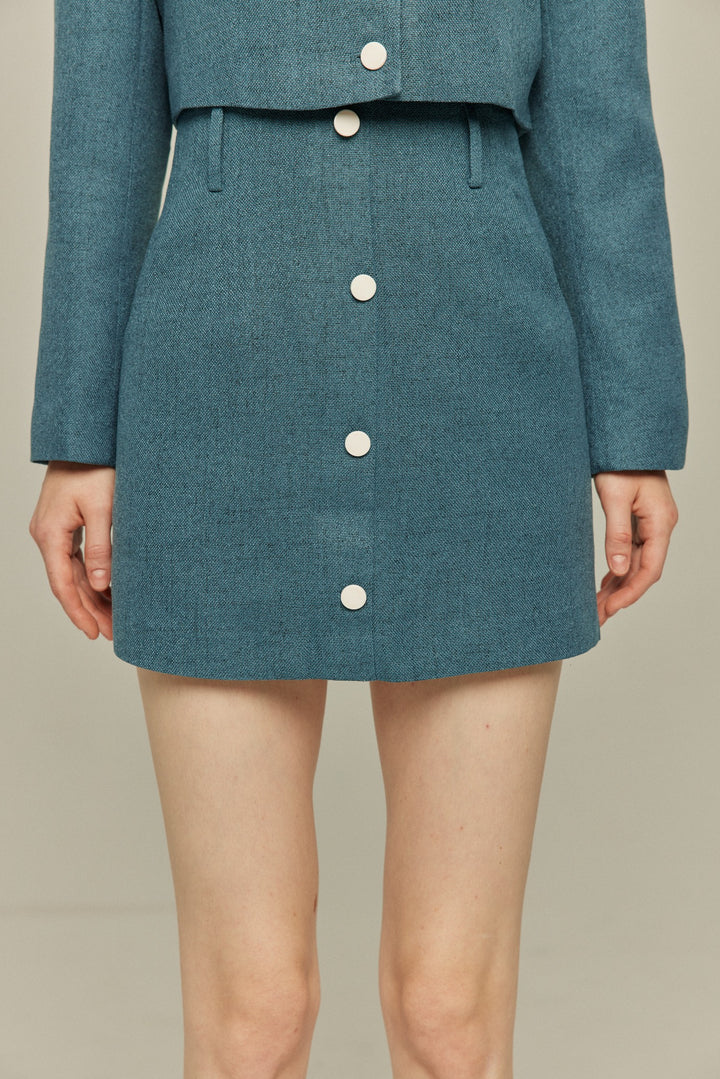 《Handy with a Knife and Fork》 High waist short skirt-Blue
