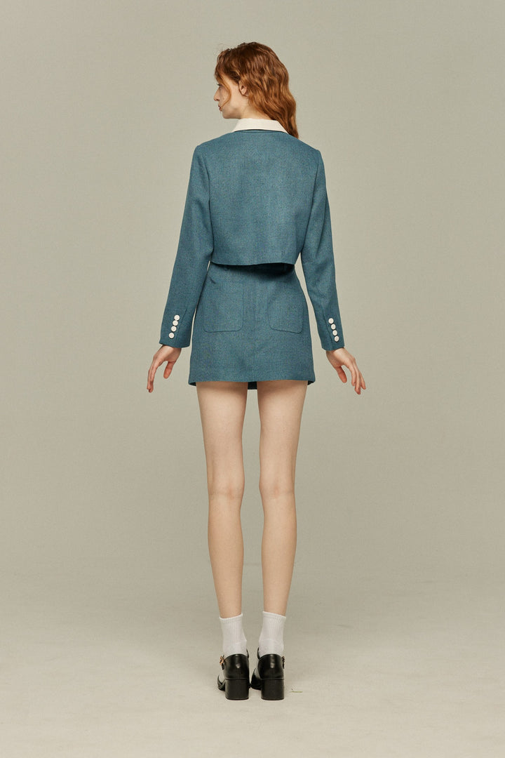 《Handy with a Knife and Fork》 High waist short skirt-Blue