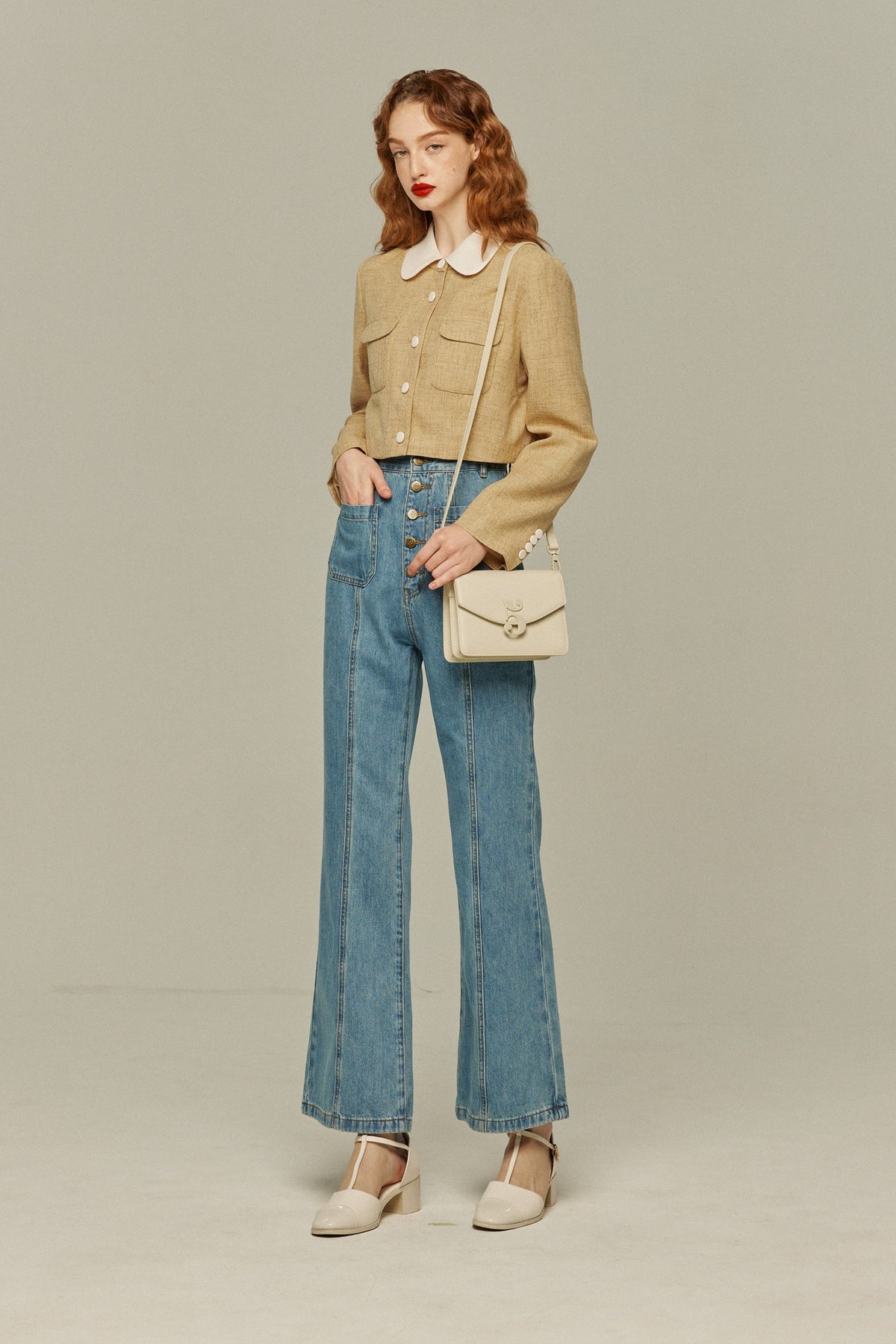 《Annie singing while taking a bath》 High waist front button denim pants-Blue
