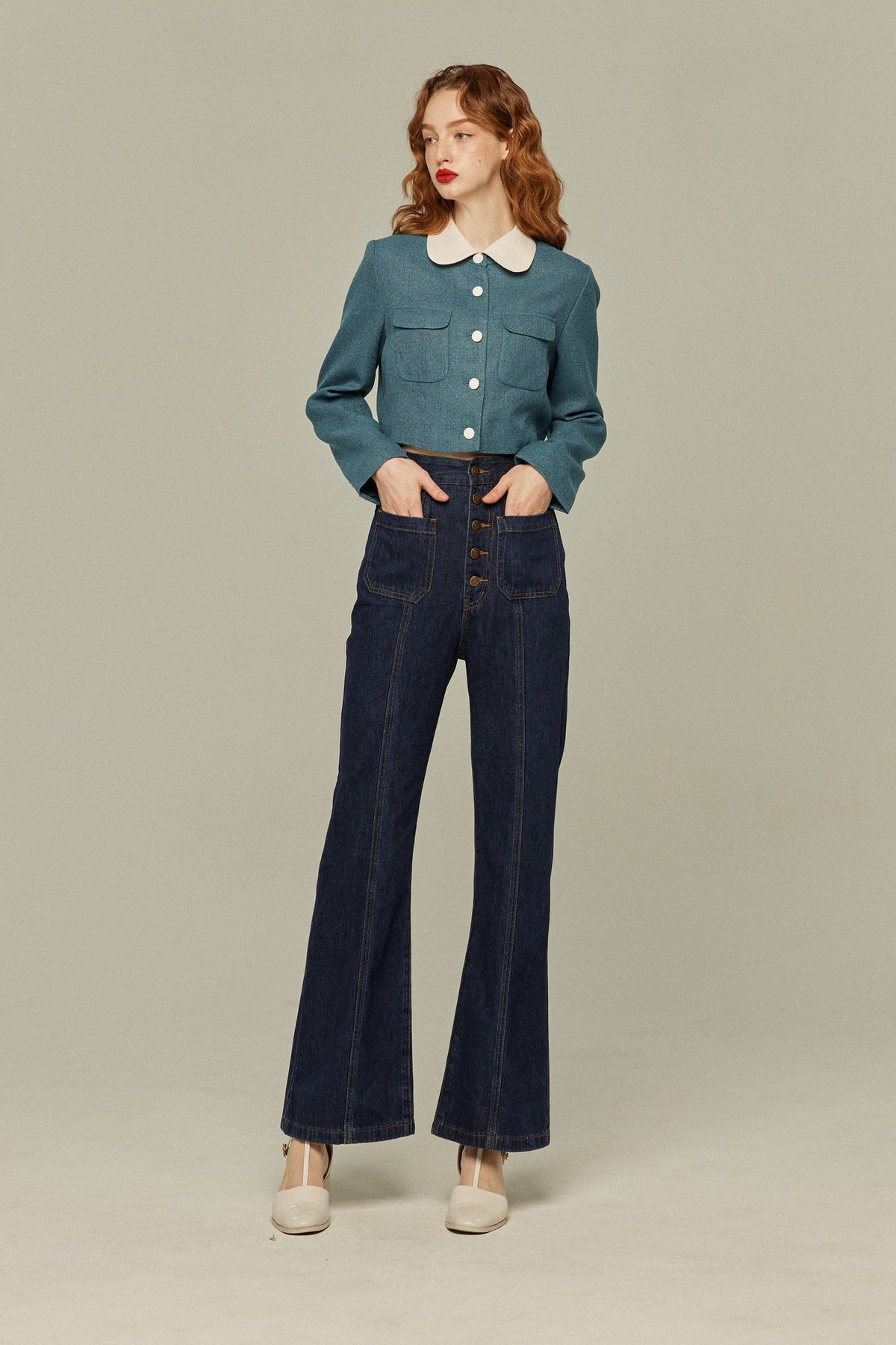 《Annie singing while taking a bath》 Front button high waist denim pants - Navy