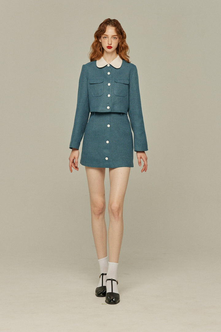 《Handy with a Knife and Fork》 High waist short skirt-Blue