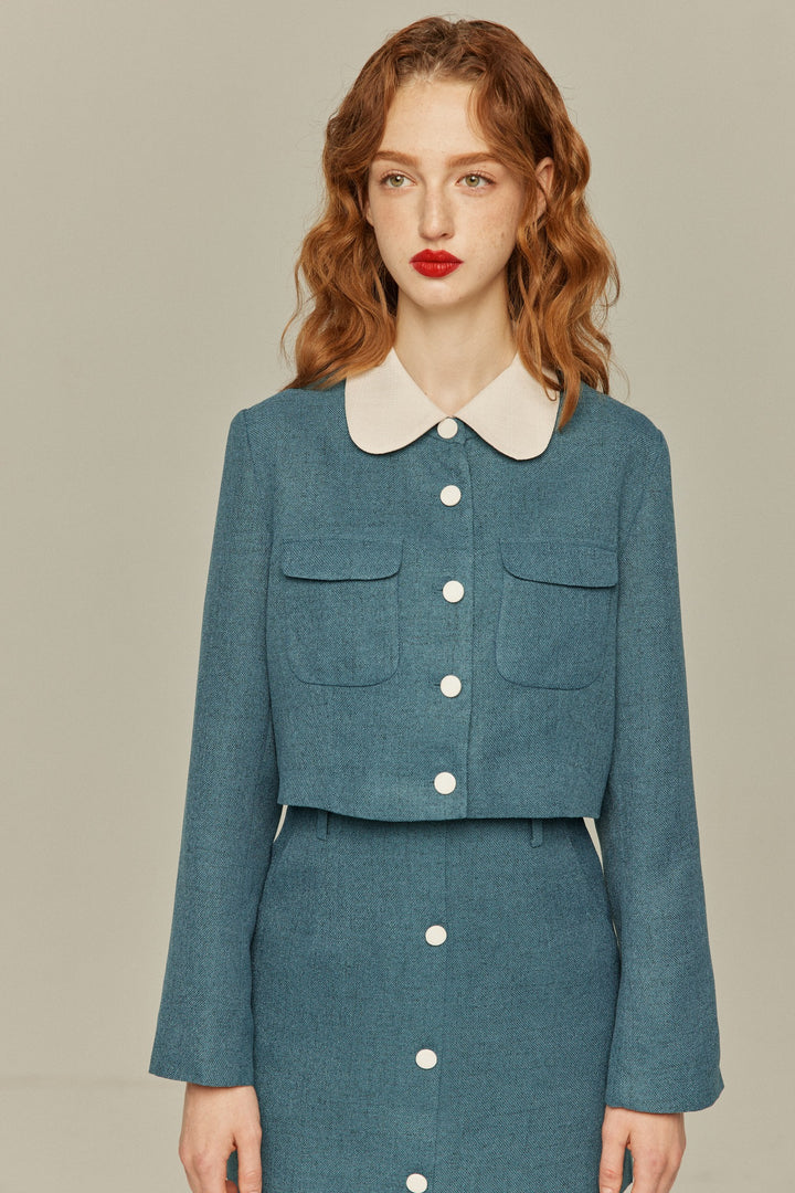 《Handy with a Knife and Fork》 High waist short skirt-Blue
