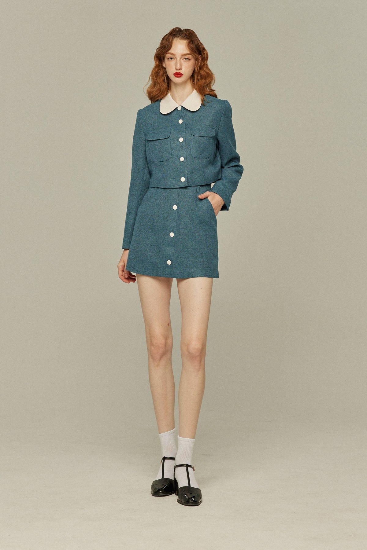 《Handy with a Knife and Fork》 High waist short skirt-Blue