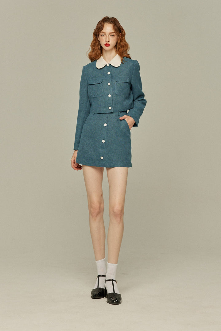 《Handy with a Knife and Fork》 High waist short skirt-Blue