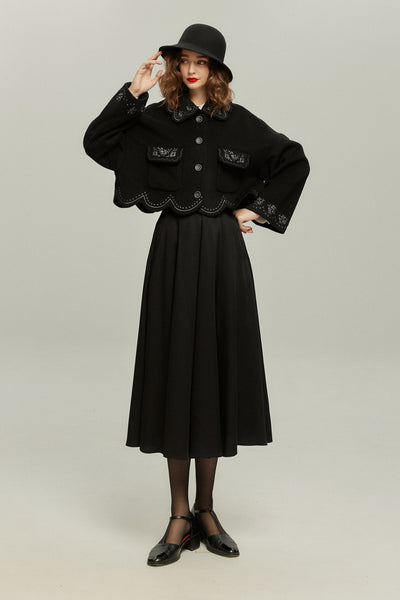 《蝶々になってしまった》スカラップデザインコート-Black