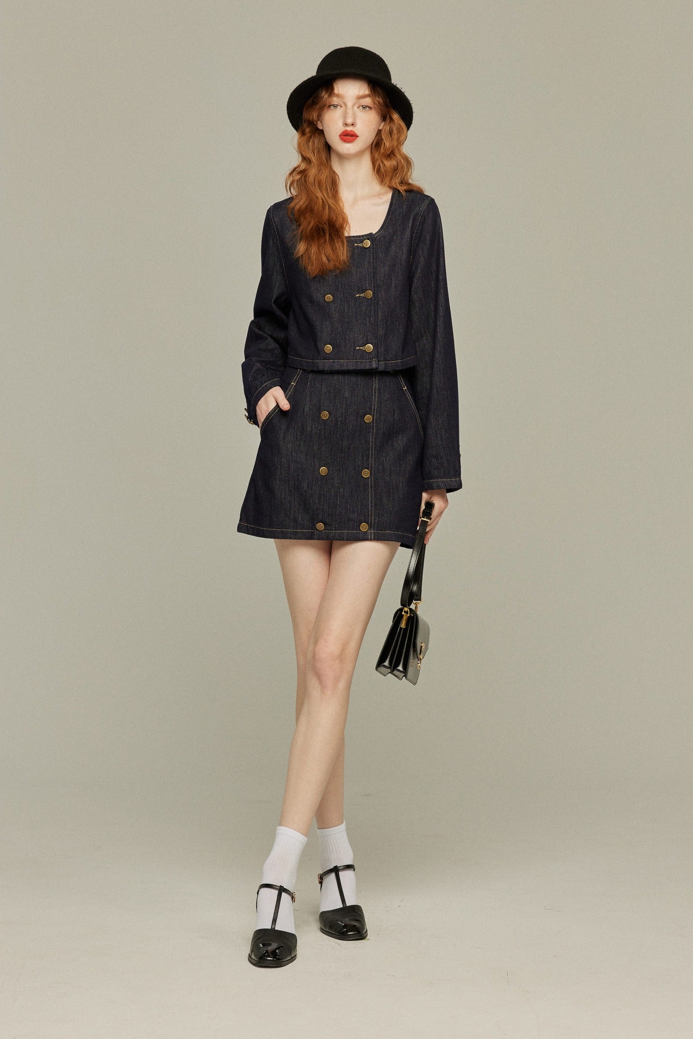 私はもう殺し屋をやめたんだ》デニムダブルブレストトップス-Navy