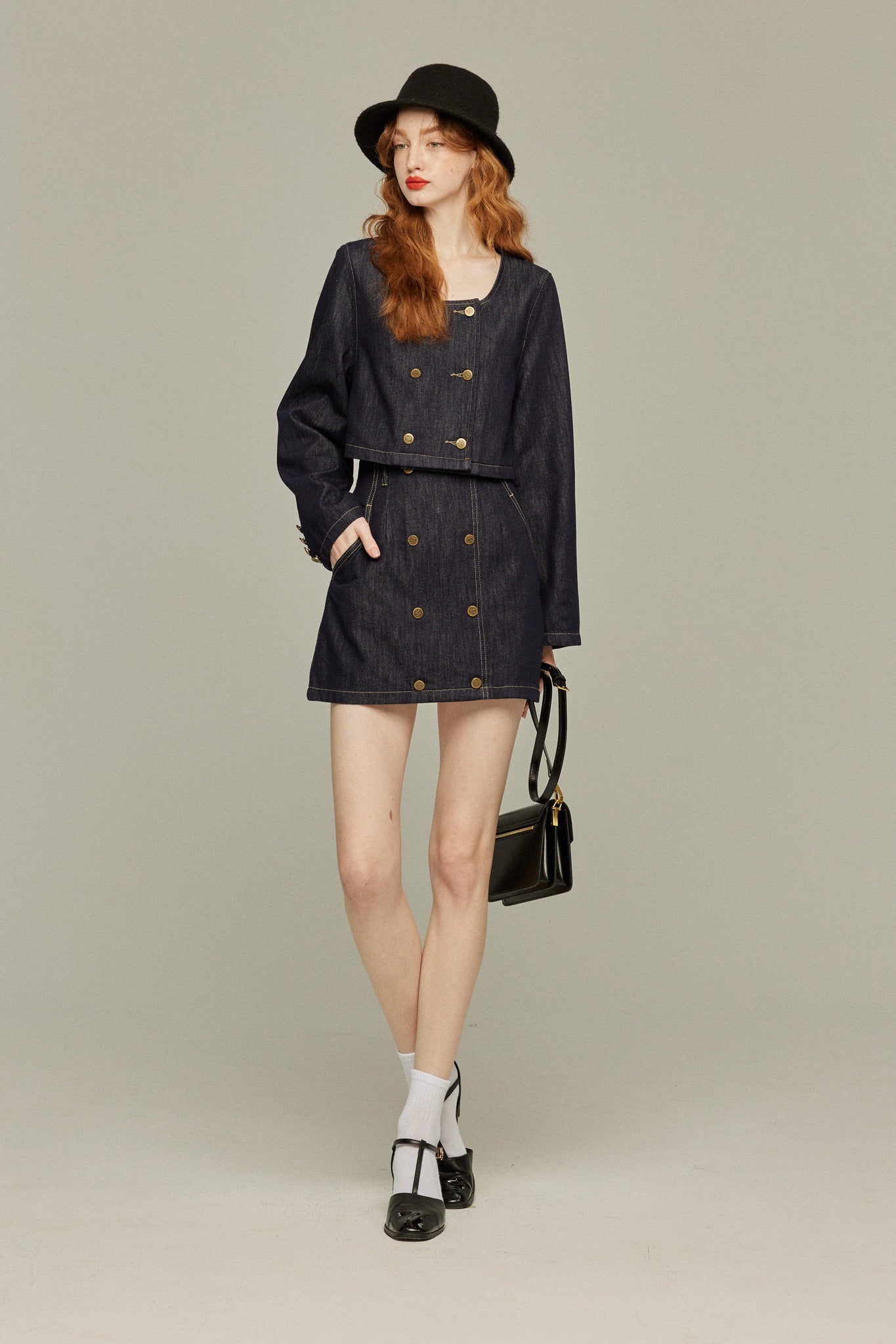 私はもう殺し屋をやめたんだ》デニムダブルブレストトップス-Navy