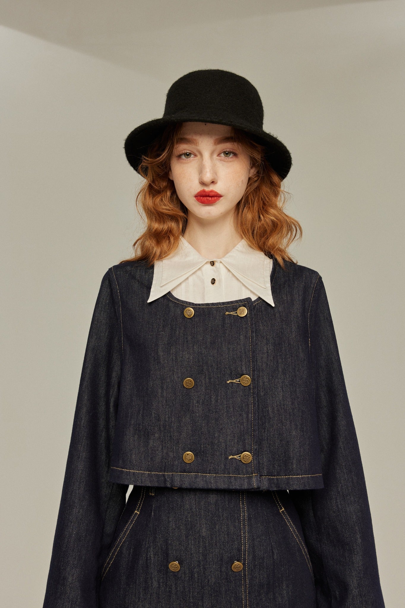私はもう殺し屋をやめたんだ》デニムダブルブレストトップス-Navy