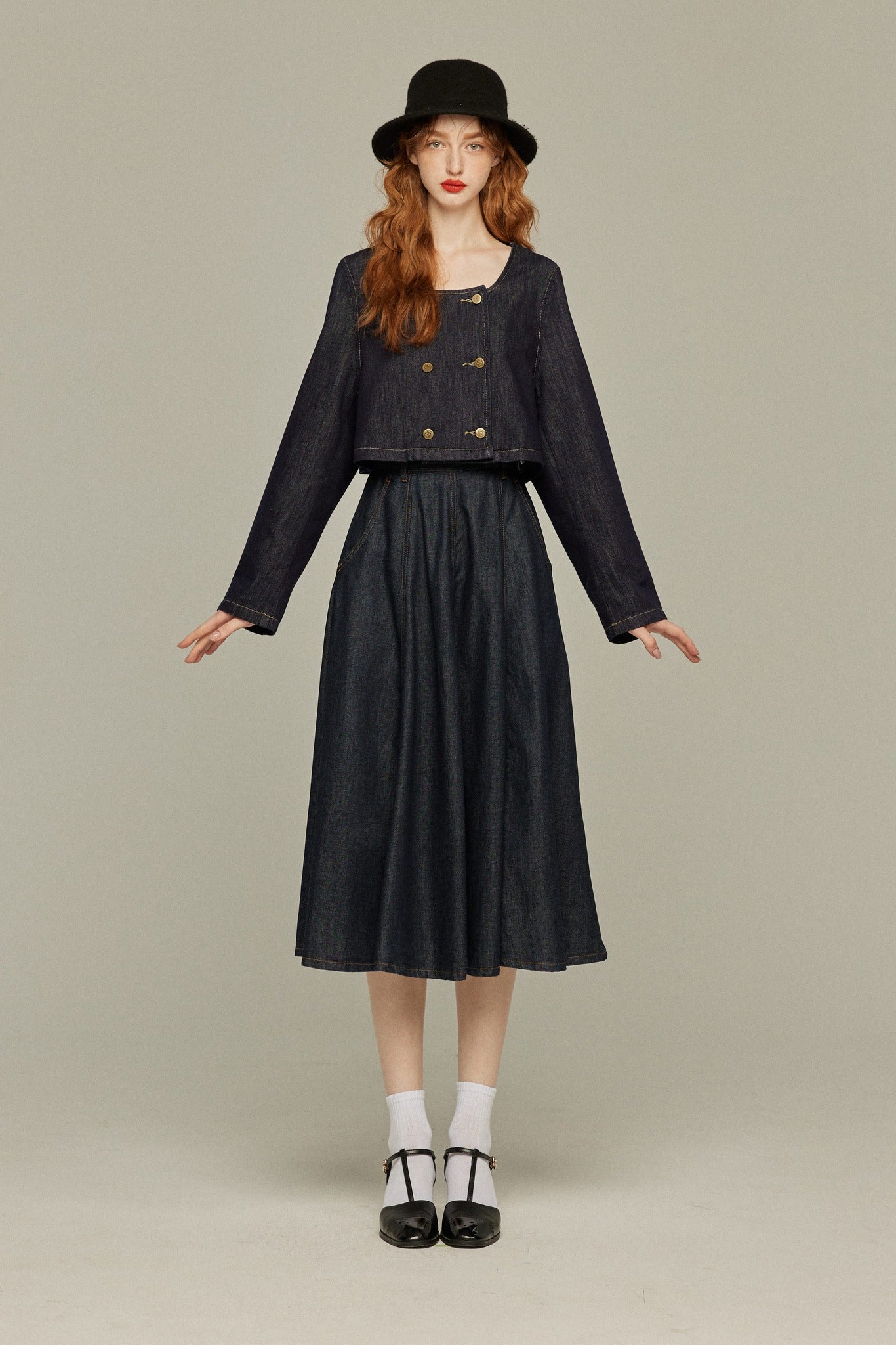 私はもう殺し屋をやめたんだ》デニムダブルブレストトップス-Navy
