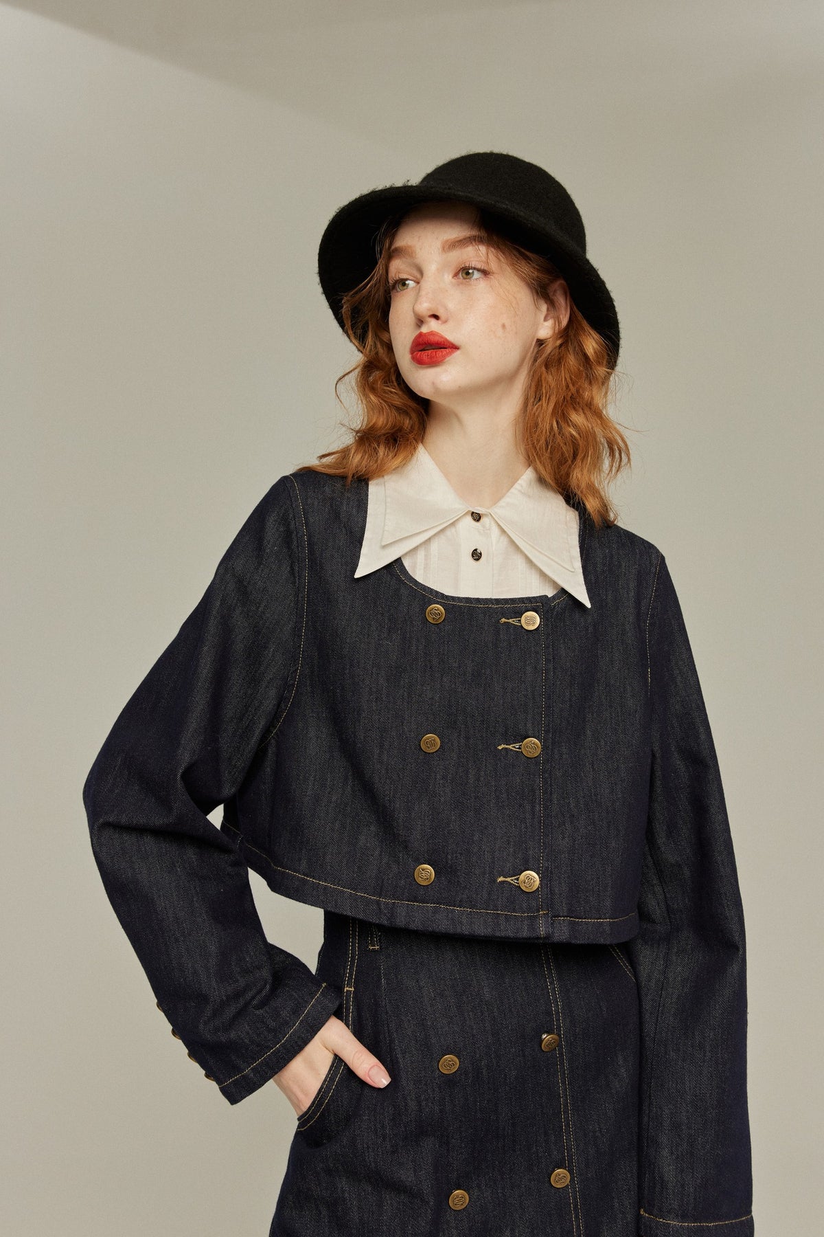 《I have stopped being a killer》Denim double-breasted tops-Navy