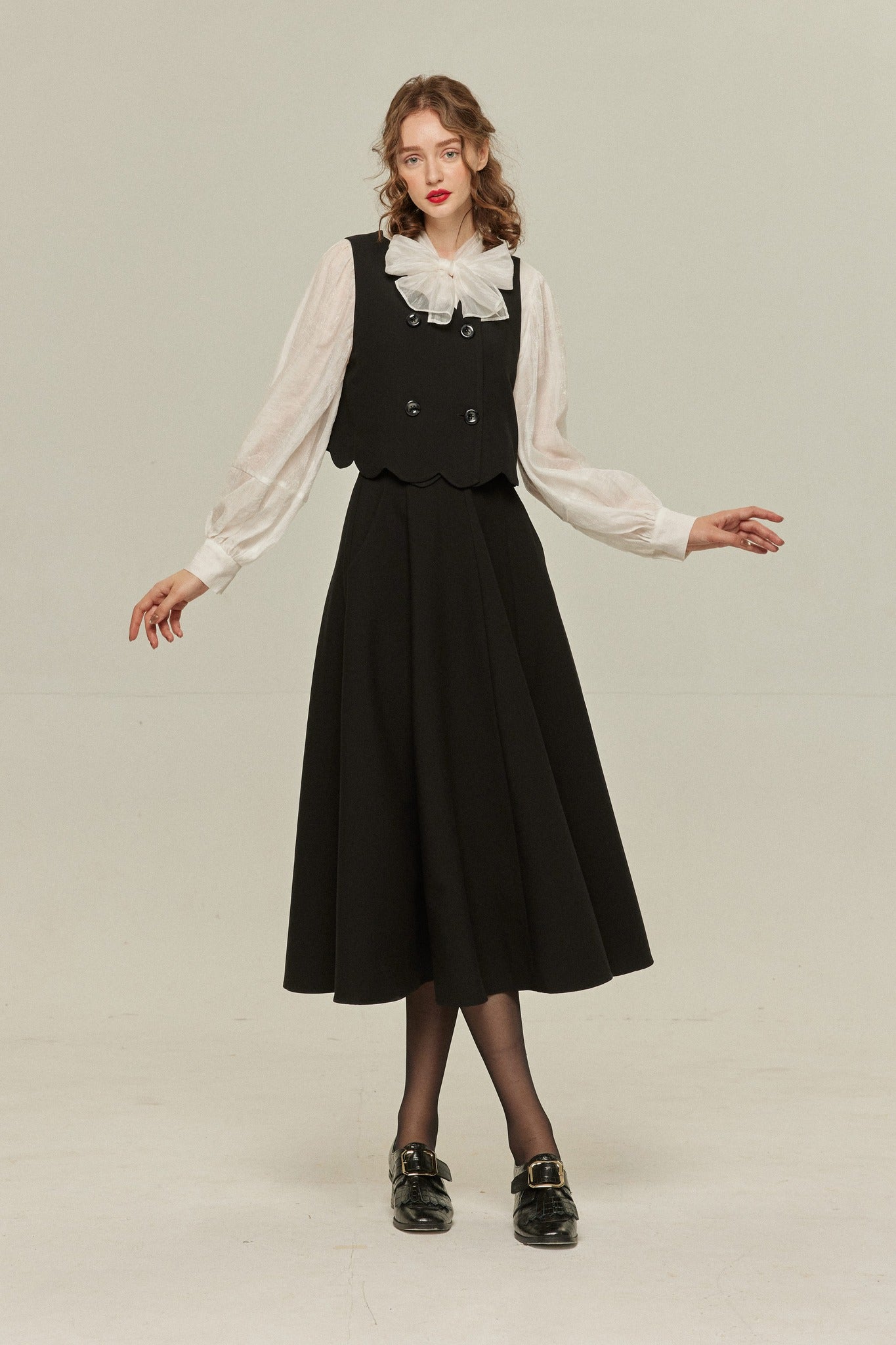 そばかすができた》スカラップデザインダブルブレストベスト-Black
