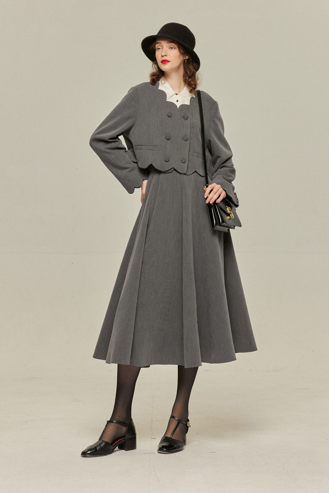 [Antique Auction] High Waist Flare Skirt-Gray