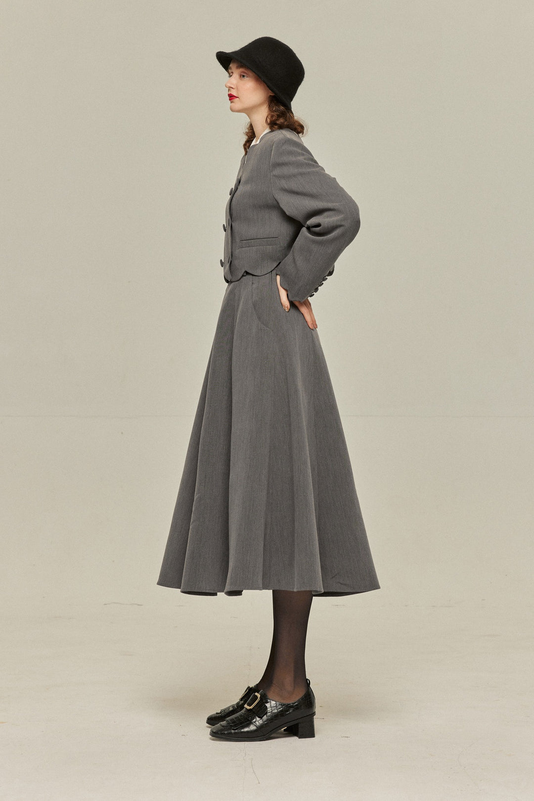[Antique Auction] High Waist Flare Skirt-Gray