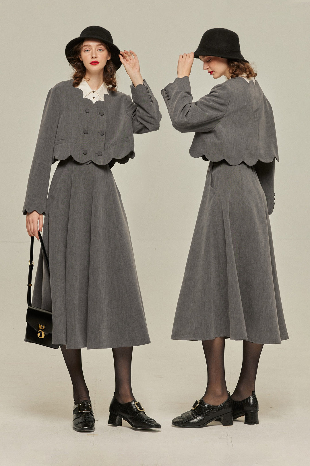 [Antique Auction] High Waist Flare Skirt-Gray