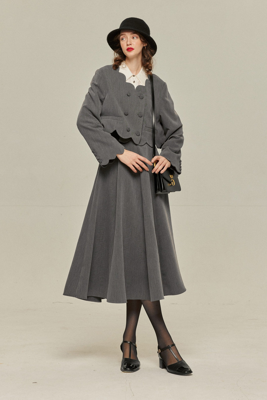 [Antique Auction] High Waist Flare Skirt-Gray