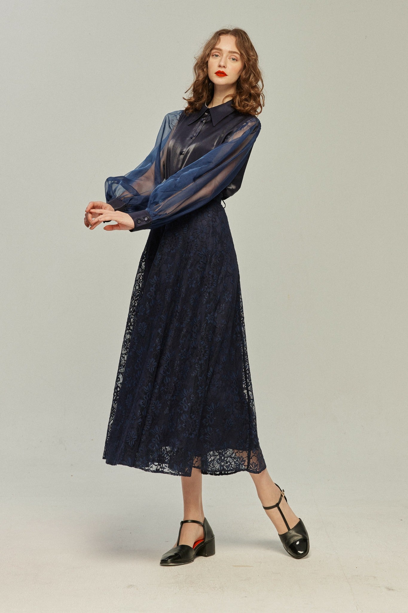Existing for 100 years] High waist flare lace skirt-Navy – Tnewties