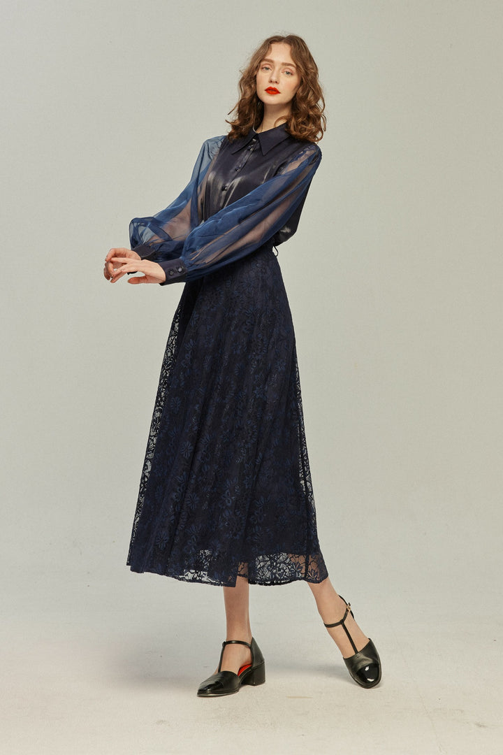 《100年も前からある》ハイウエストフレアレーススカート-Navy