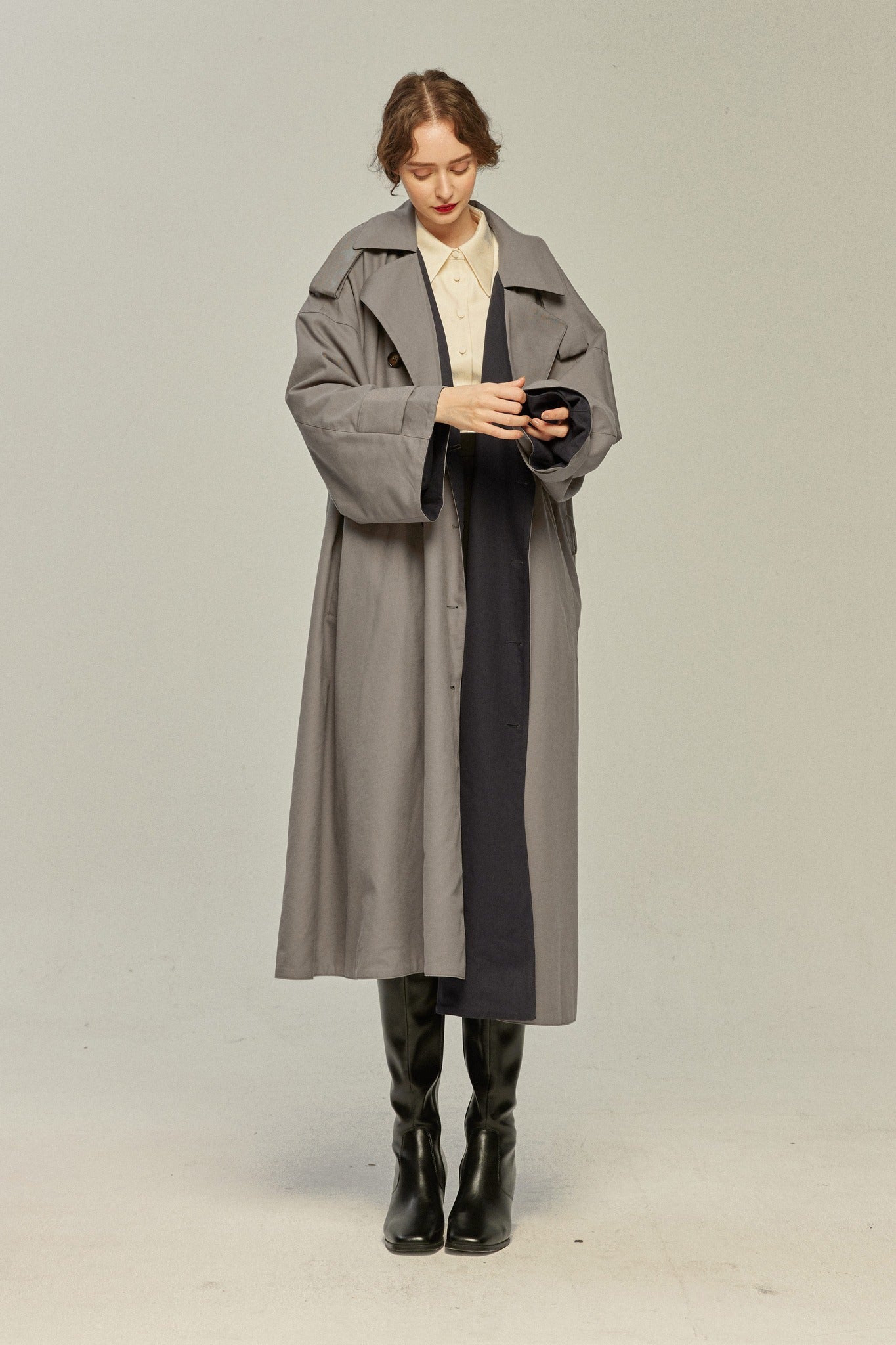 Please dig a hole first》 Reversible trench coat-Gray×Navy – Tnewties